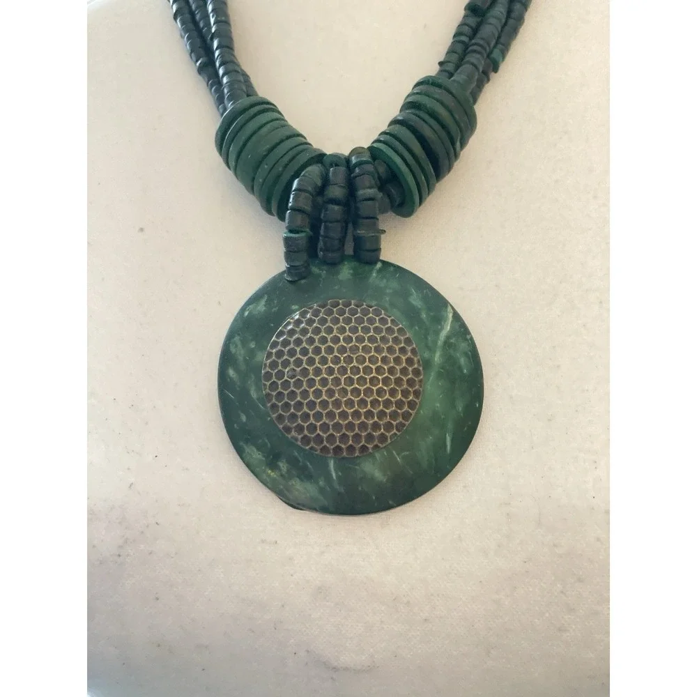 Boho Dark Green Disc Bead Necklace Oversized Round Pendant Tribal Artsy‎ Gypsy